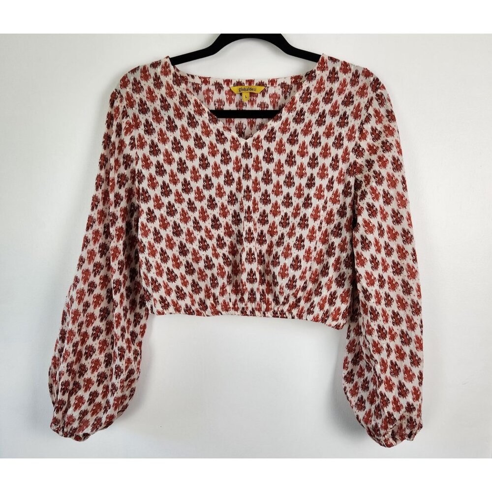 globaldesi Cropped Top, Long Puffy Sleeves, 100% Cotton, Large, 90's Boho Hippie